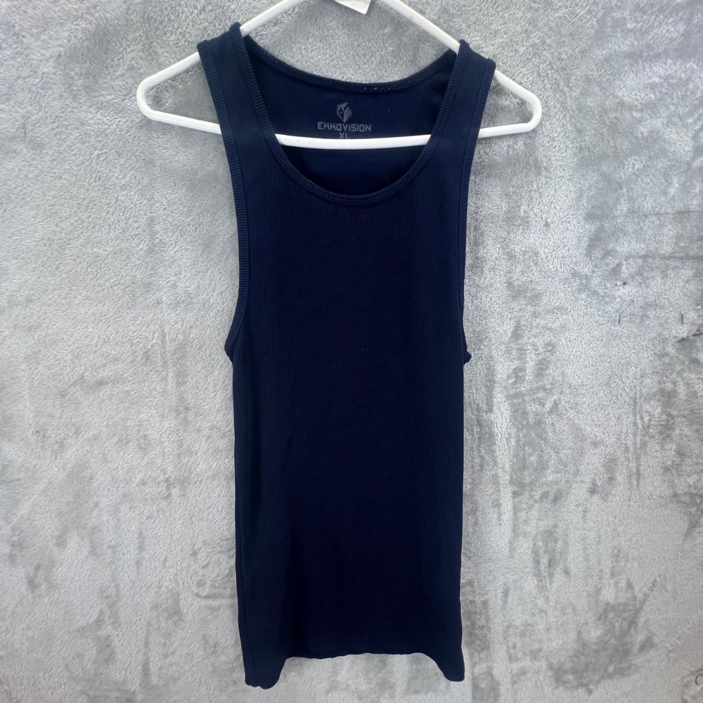 Ekkovision‎ Mens XL Ribbed Muscle Tank Top Navy Blue Cotton Spandex Stretch Gym